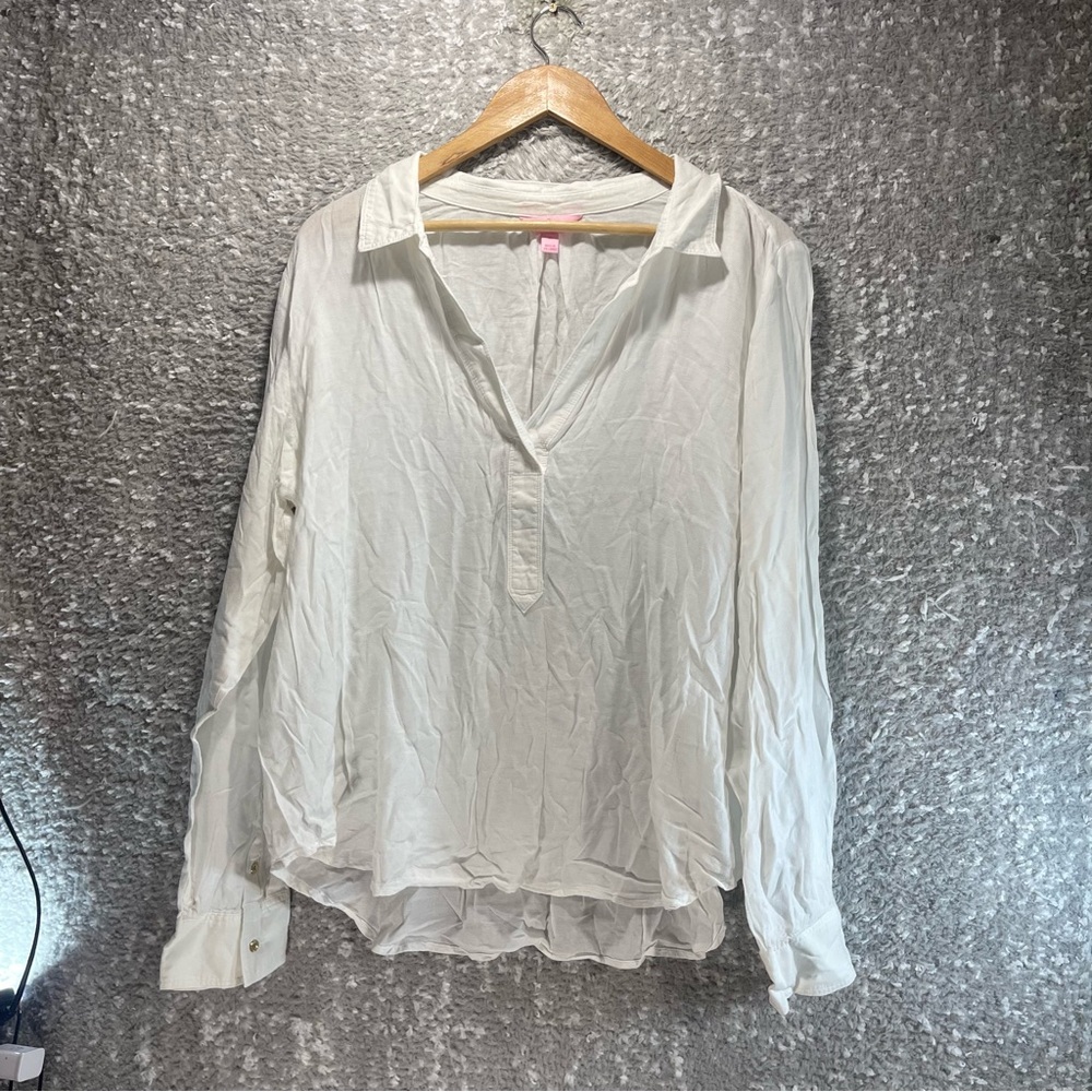 Lilly‎ Pulitzer White Long Sleeve V-Neck Gold Buttons Shirt Top XL Rayon Cotton